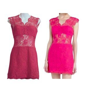 BCBG Max Azria Devom Begonia Pink Lace Overlay Sheer Lace Midriff Sleeves